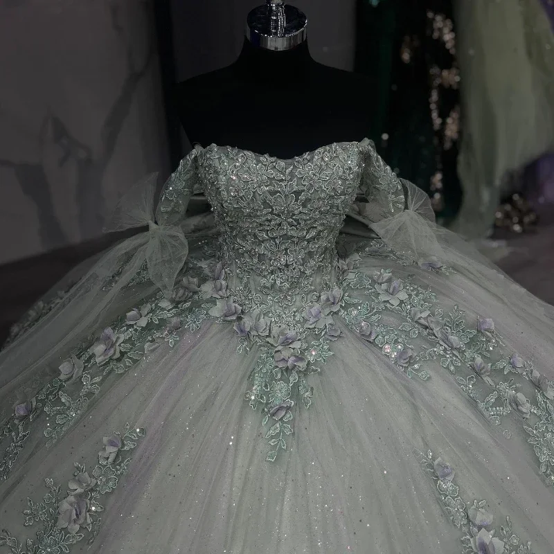 Gaun pesta berenda hijau Sage berkilau gaun dansa Quinceanera 2025 dengan applique pesta ulang tahun Meksiko Vestidos De 15 quincea20era