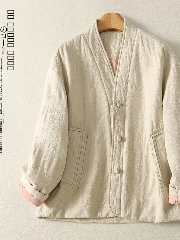 الرجعية الصينية زر القطن Jaet شتاء جديد Sle عادية الدافئة الأزهار التطريز ملابس خارجية Thiened طويلة Sve V-Ne معطف