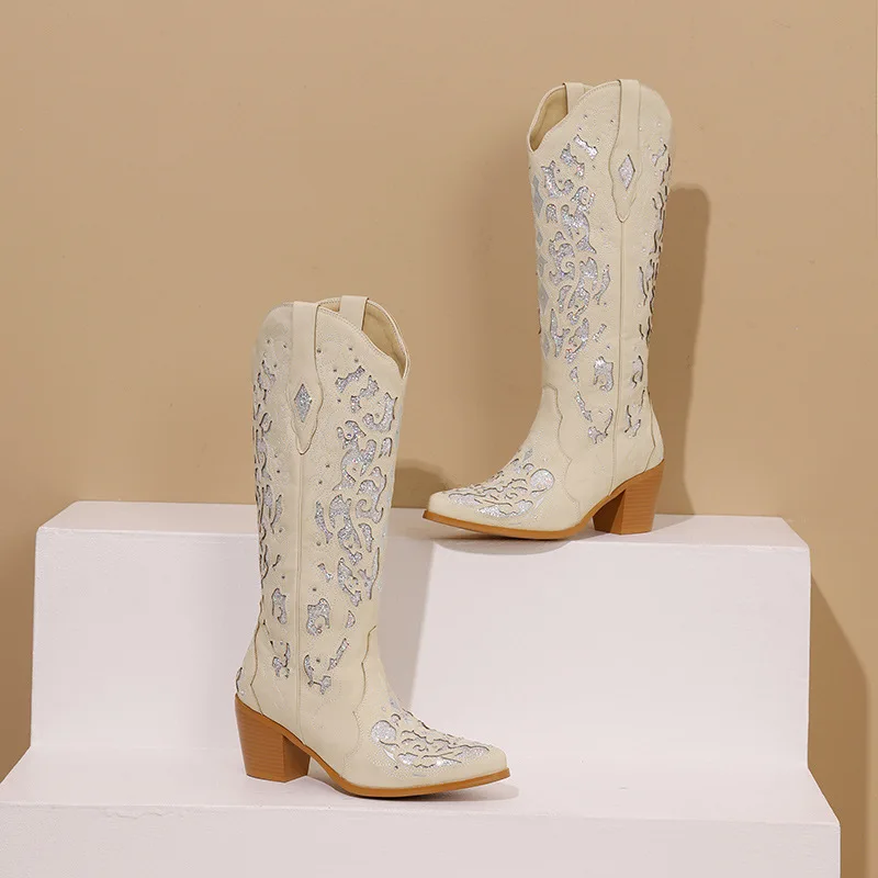 Botas de vaquero con diamantes de imitación para mujer, zapatos de tacón grueso, puntiagudos, bordados Vintage