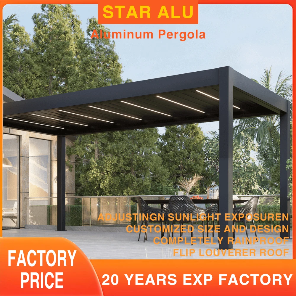 

Customized Waterproof Sunshade Glass Sliding Outdoor Pergola Aluminum Motorized Louvered Pergola with Motorized Roof
