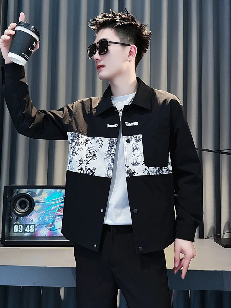

New Chinese Sle Men's Jaet Spring Autumn Trendy Patchwork Color Blo Collar up Top Polyester Casual Windproof