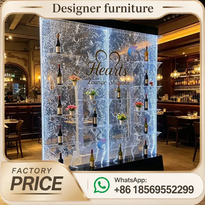 Modern Clear Acrylic LED Water Feature Wall With Wall Mounted Wine Shelf for Home Bar Indoor Luxury Decoration