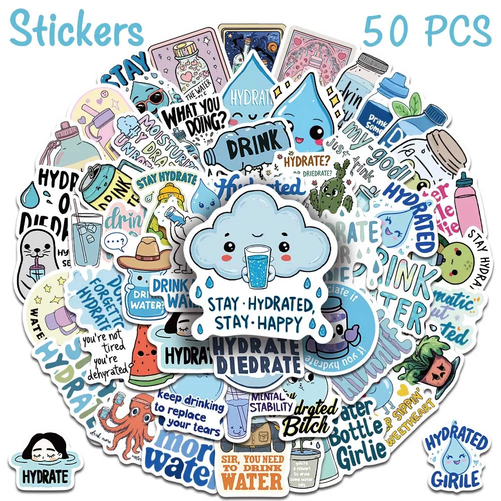 50pcs Kawaii Stay Hydrated Reminder Quote Stickers  For Laptop Suitcase Graffiti Sticker DIY Creative Gift School Supplies