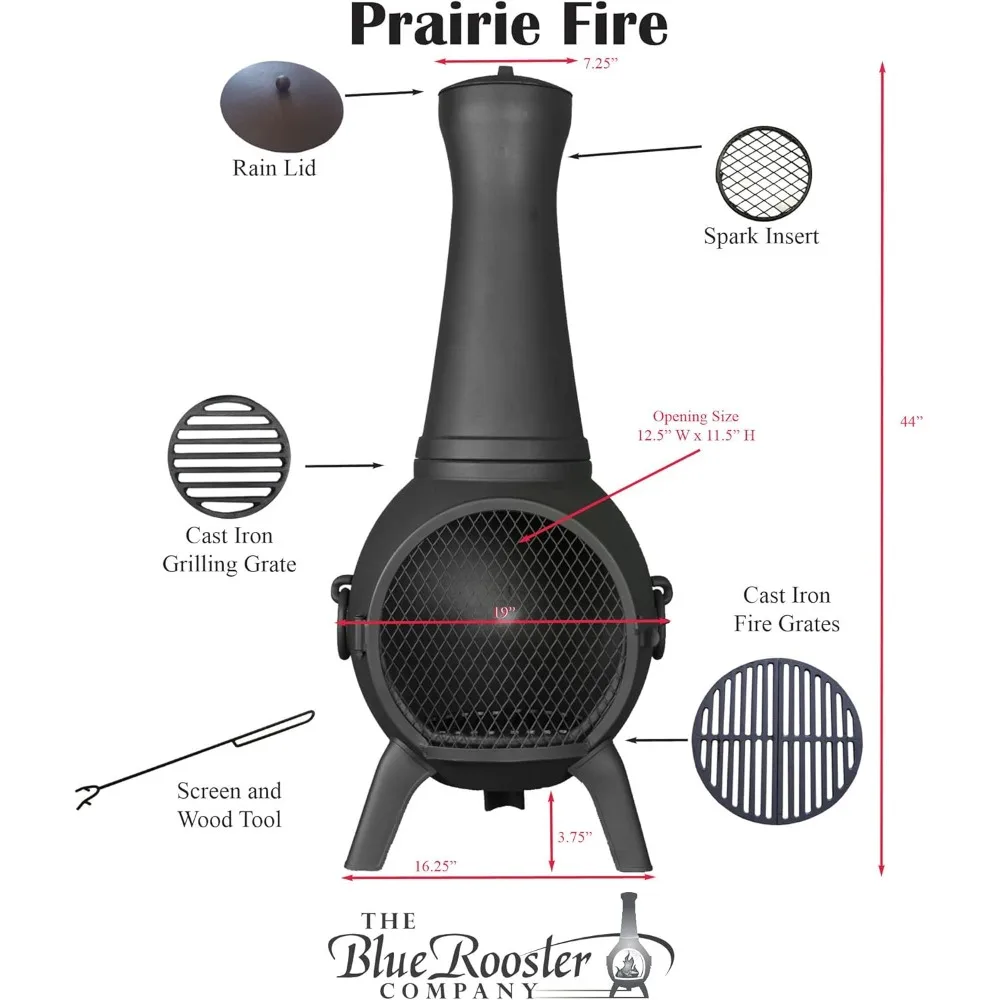 Prairie Fire Chiminea Outdoor Fireplace - Wood Burning Cast Aluminum Deck or Patio Firepit Black