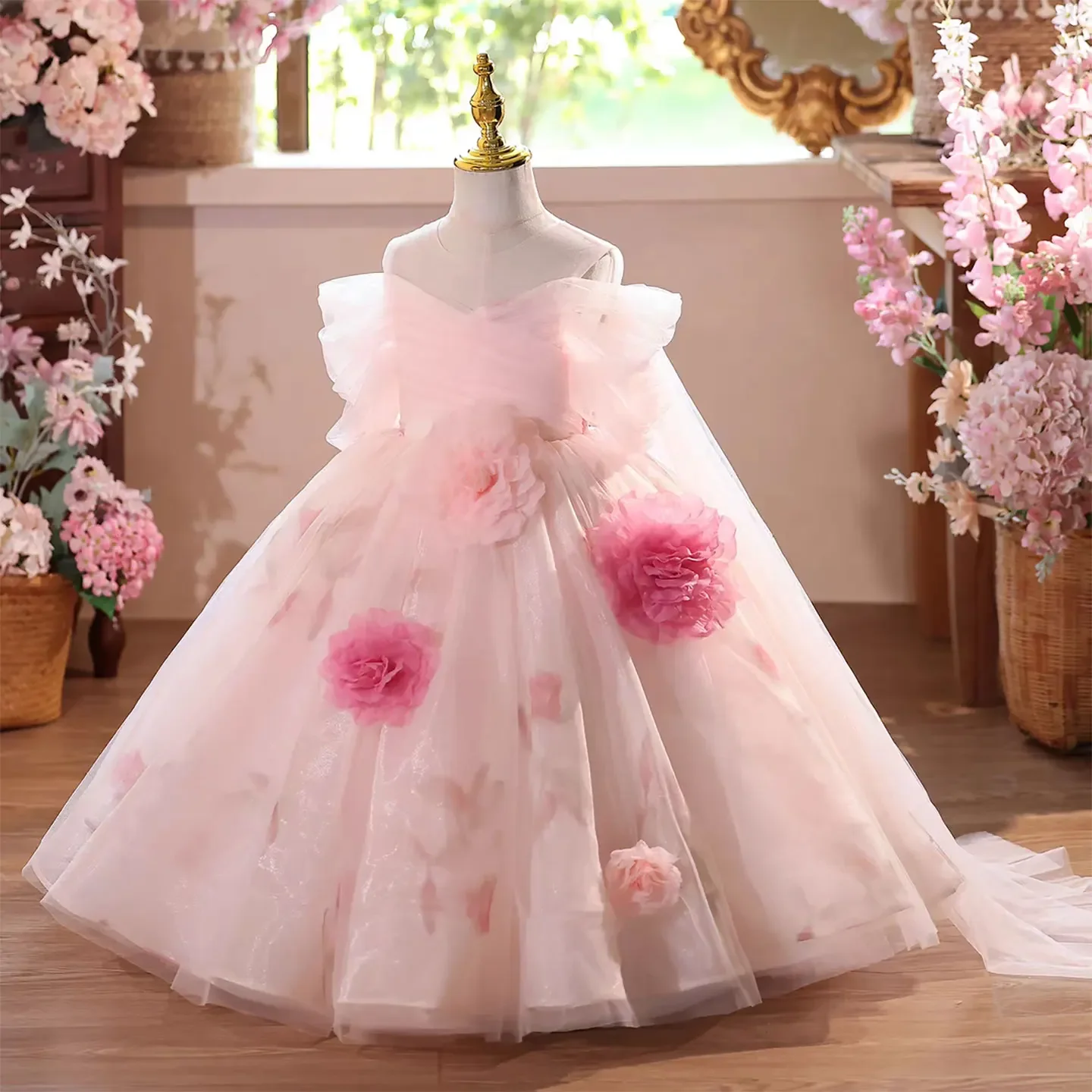 Luxury Pink Off Shoulder Flower Girl Dress 3D Flowers long Lace Kids Princess Wedding Pageant Birthday Party Gown