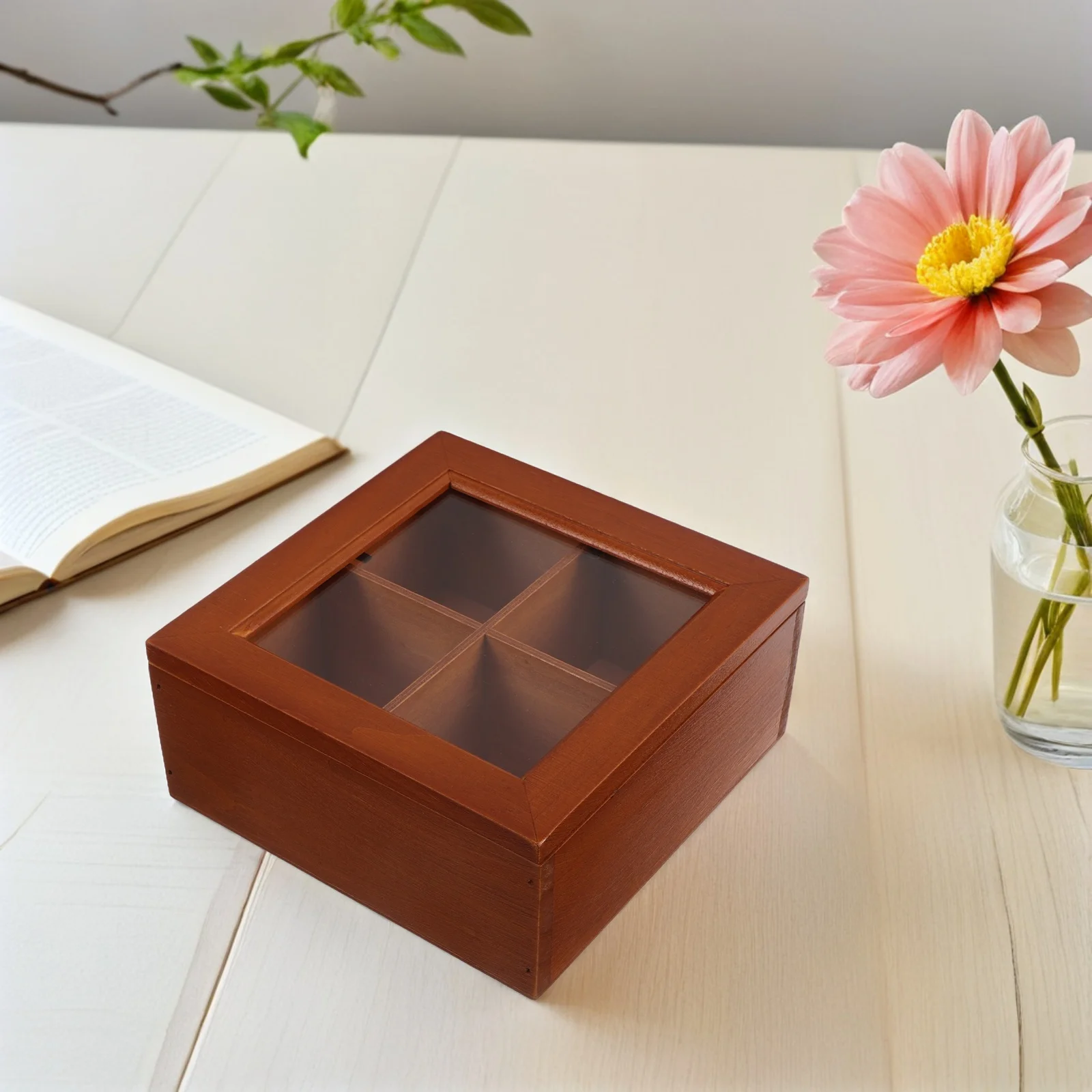 4 Compartment Solid Wood Storage Box Vintage Glass Lid Jewelry Organizer Case Rustic Wooden Display Chest For Trinkets Rings