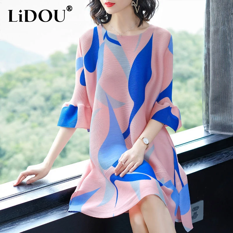 

Spring Autumn Round Neck Loose Casual Printing Vestido Ladies Elegant Flare 3/4 Sleeve Folds Dress Women Temperament Robe Femme