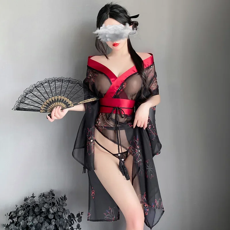 Japanese Phantom Printed Kimono Dress Cross-collar Design Deep V Cleavage Black Sexy Sleepwear Fashion Nightgowns Sleepwear 2024