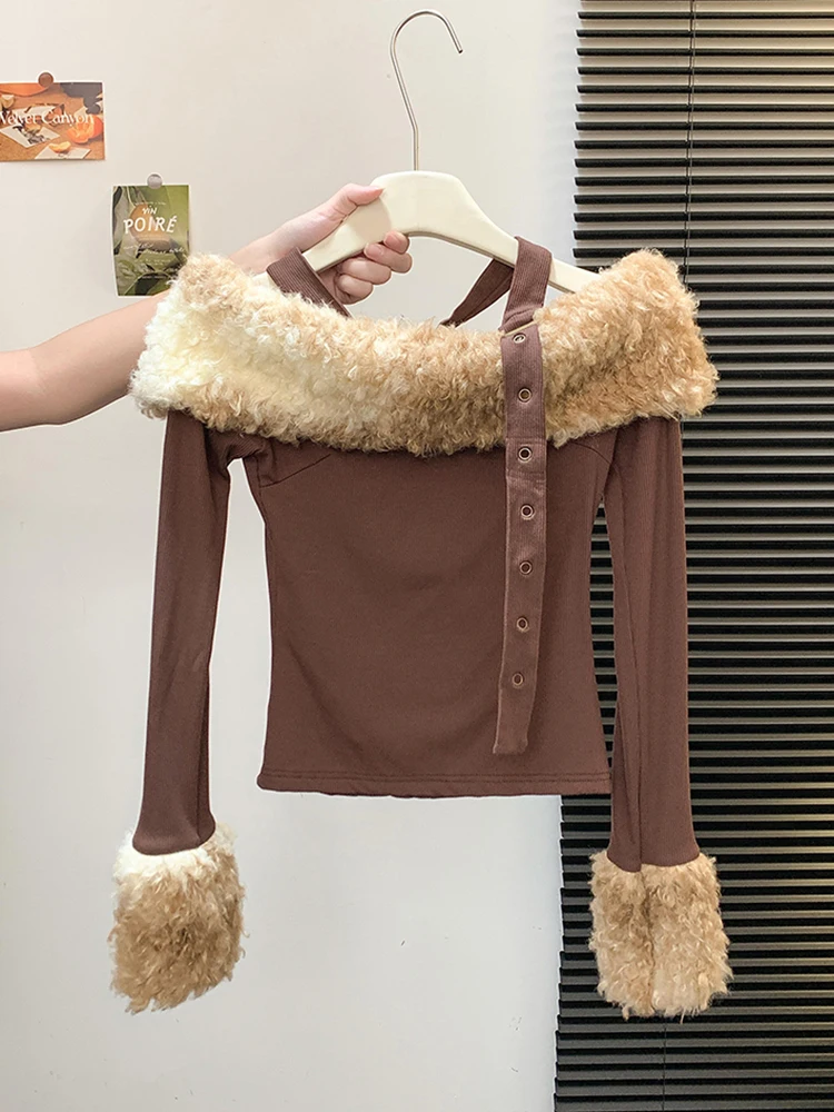 

Slash Neck Sexy Crop T Shirt Women Long Sleeve Slim Fit Bandage Halter Tees Streetwear Hottie Fur Collar Patchwork Bottoming Top