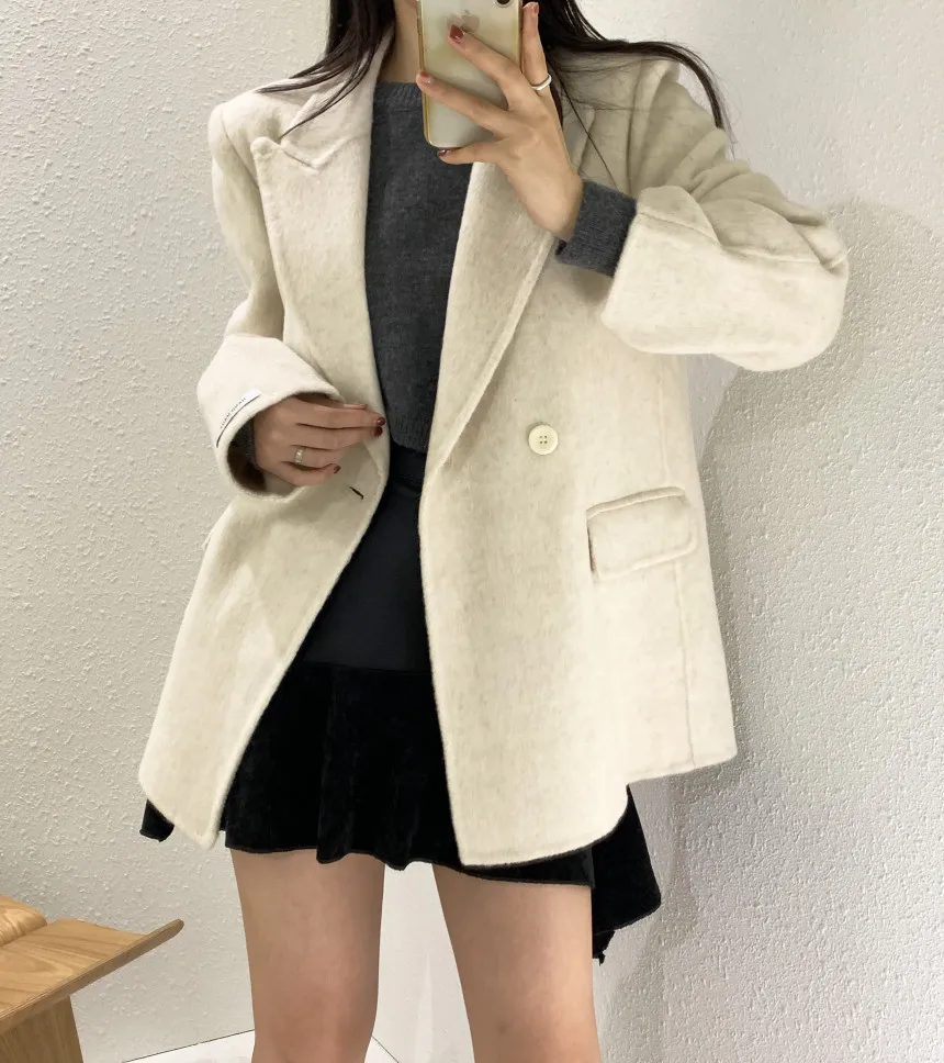 Autumn and Winter New High-end Women's Suit Long-sleeved Woolen Jacket Solid All-match Coat Double-breasted Office Lady Suit Top