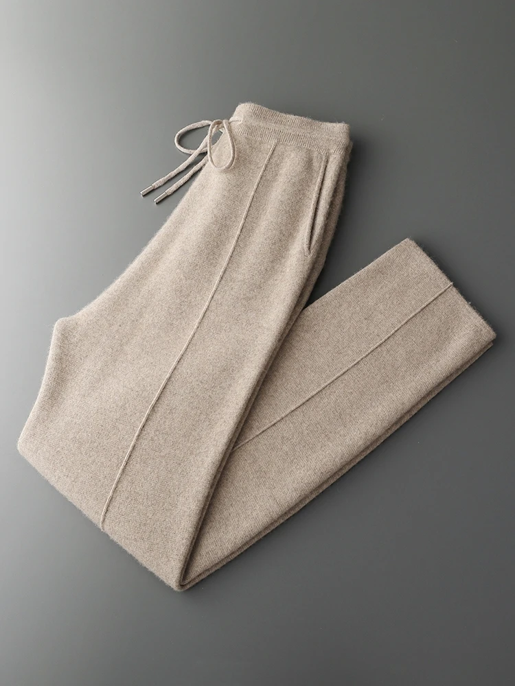 2024 Men's 100% Cashmere Pants Autumn Winter Thick Smart Casual Pants Elasticated Waist Cashmere Knit Trousers Warm Comfy