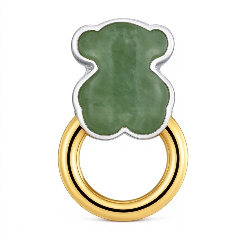 Green Jade Bear Stud Earrings For Women, Cute Panda Bear Charm Earrings With Silver Frame And Gold Ring, Natural Stone Cute Animal Stud Earrings, Minimalist Jewelry Gift For Teen Girls, Everyday Office Casual Dating Party Wear, Hypoallergenic Nickel Free