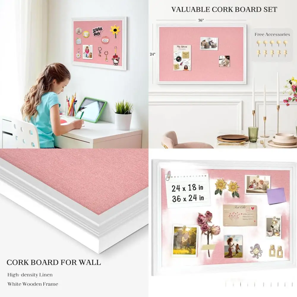 

Linen-Wrapped 36x24 Pink Corkboard with Wooden Frame, Wall-Mounted Bulletin Board, Includes 10 Pushpins for Home or Office