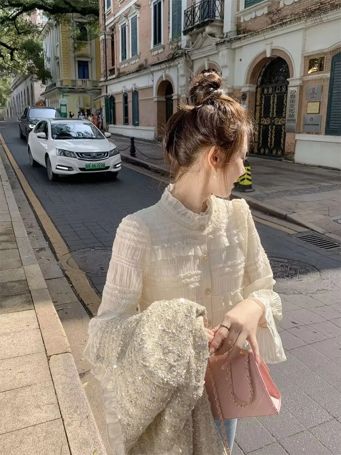 2024 Spring And Autumn Vintage Mushroom Edge Sweet Top Women\'s Long Sleeved Flare Sleeves Chiffon Shirt