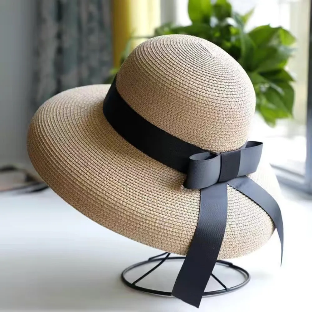 Retro Round Top Straw Hat Ladies Sun Hats Travel Holiday Visor Hats Vintage Women Beach Hat Black And White Wholesale ceremony