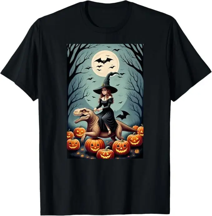 

Witch Riding Tyrannosaurus Rex dinosaur in a Pumpkin Patch Unisex T-Shirt