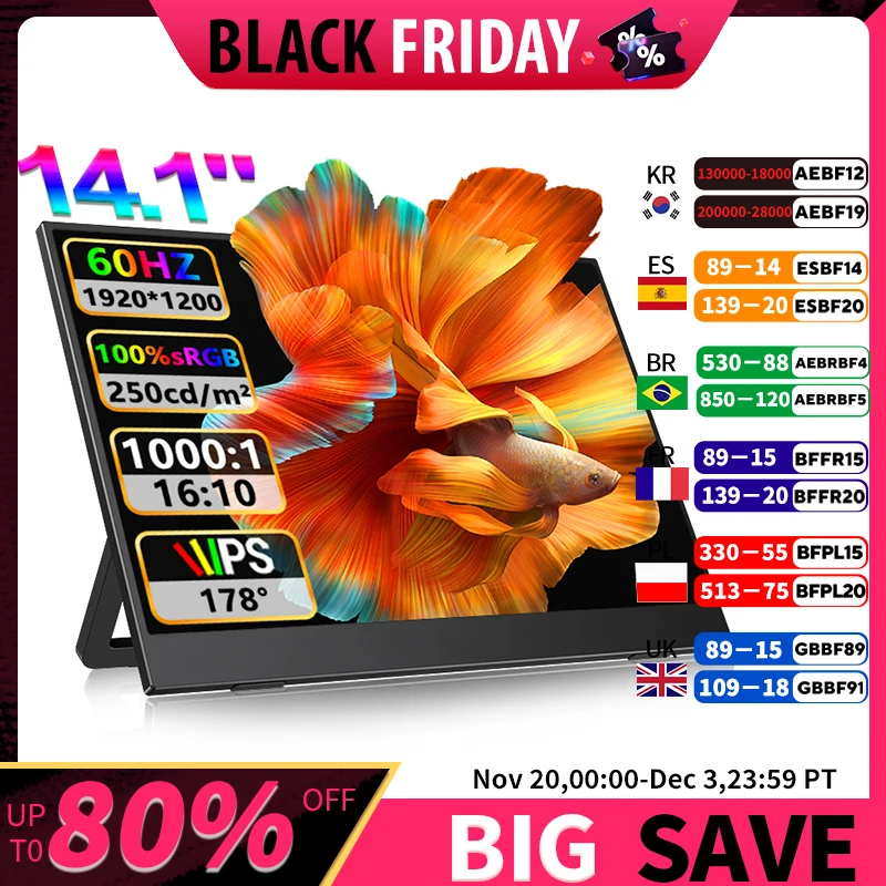 

14,1-дюймовый портативный монитор Full HD, 100% SRGB, 16:10, подходит для расширения ноутбука, решение с двойным экраном для повышенной производительности