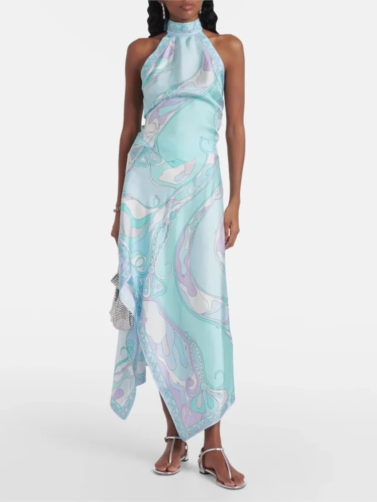 

New Fashion Printed Sleeveless Suit Women's Sexy Hot Girl Style Satin Neck Hanging Backless Shirt Irregular Skirt Two-piece Set