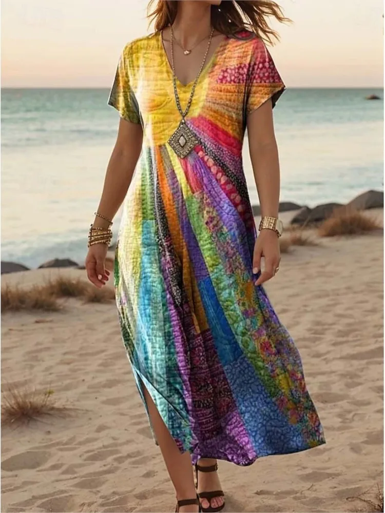 

Fashion Print Dress Lady Casual V Neck Short Sleeve Loose Dresses For Women Boho Holiday Beach Skirt Robe Femme Summer Clothes