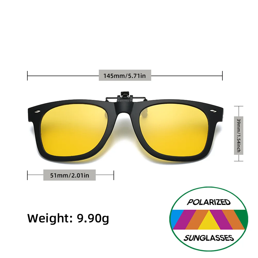 Blendfreie Nachtsicht-Clip-on-Brille, gelbe polarisierte Gläser für sicheres Fahren, universelles hochklappbares Design für Korrektionsbrillen – Detail 9