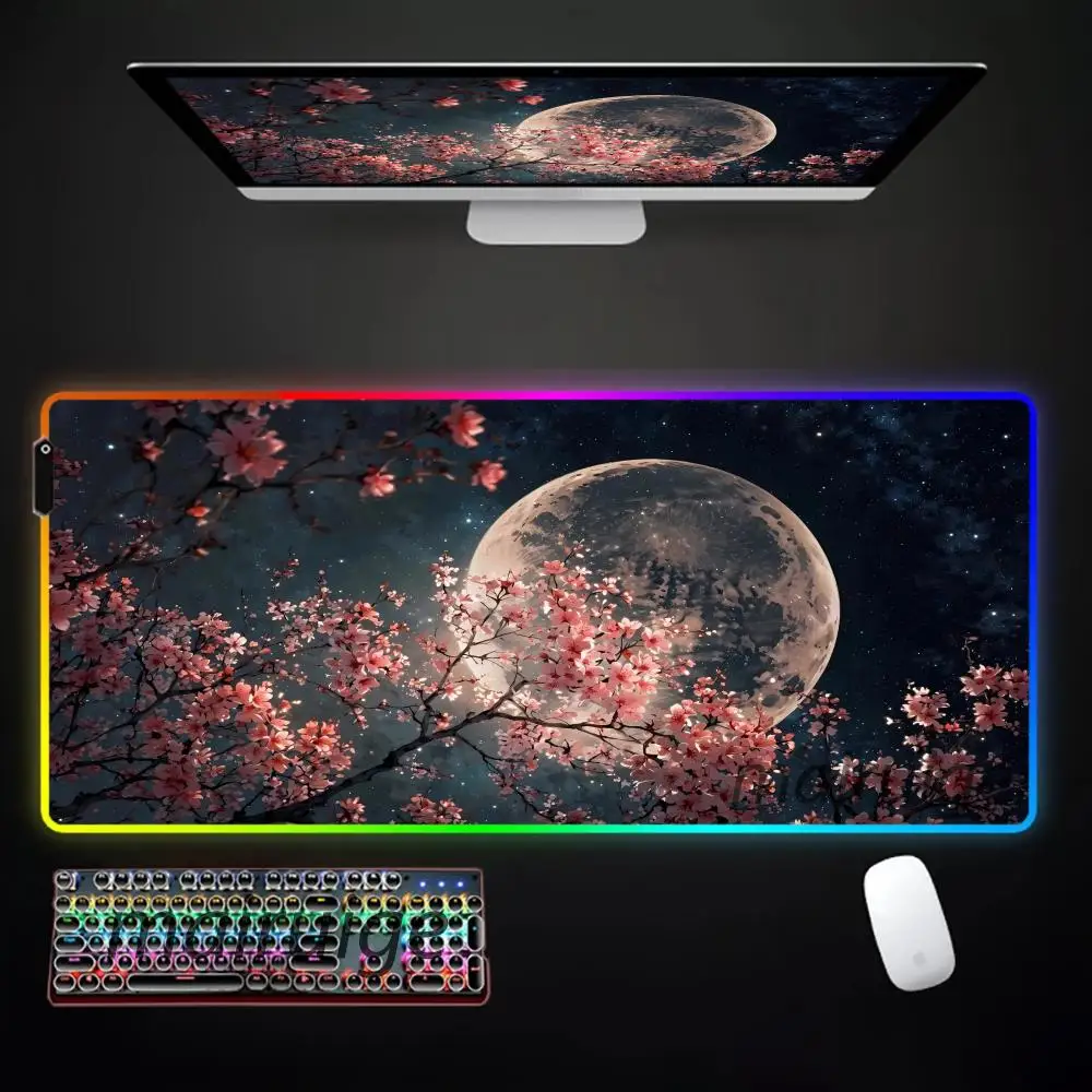 Pink Sakura Moon Mouse Pad Large RGB Gaming Mousepad LED Light Gamer Pads Anti-slip Rubber PC Desk Mat Keyboard Mats XXL 90x40cm