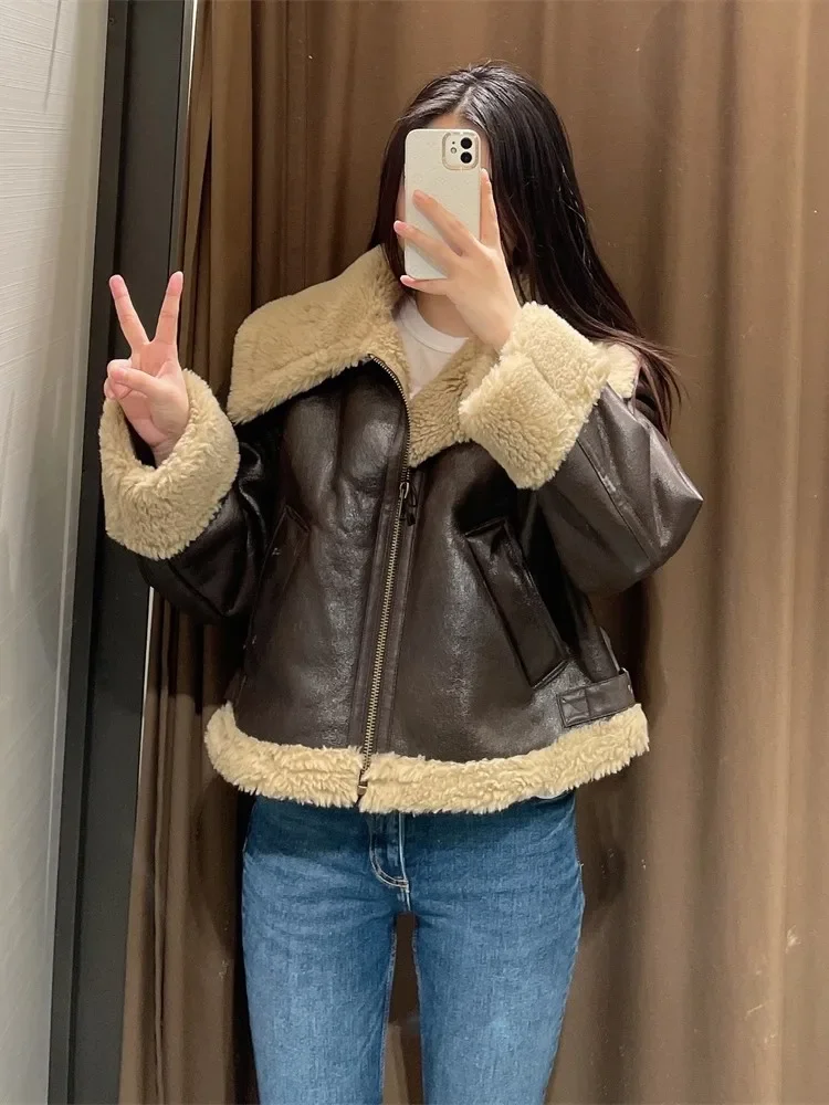 Fashion Fur Coat Women Lamb Wool Lapel Jackets Double-sided Short  Women Coat   Autumn And Winter Warm Cotton Jacket Coat