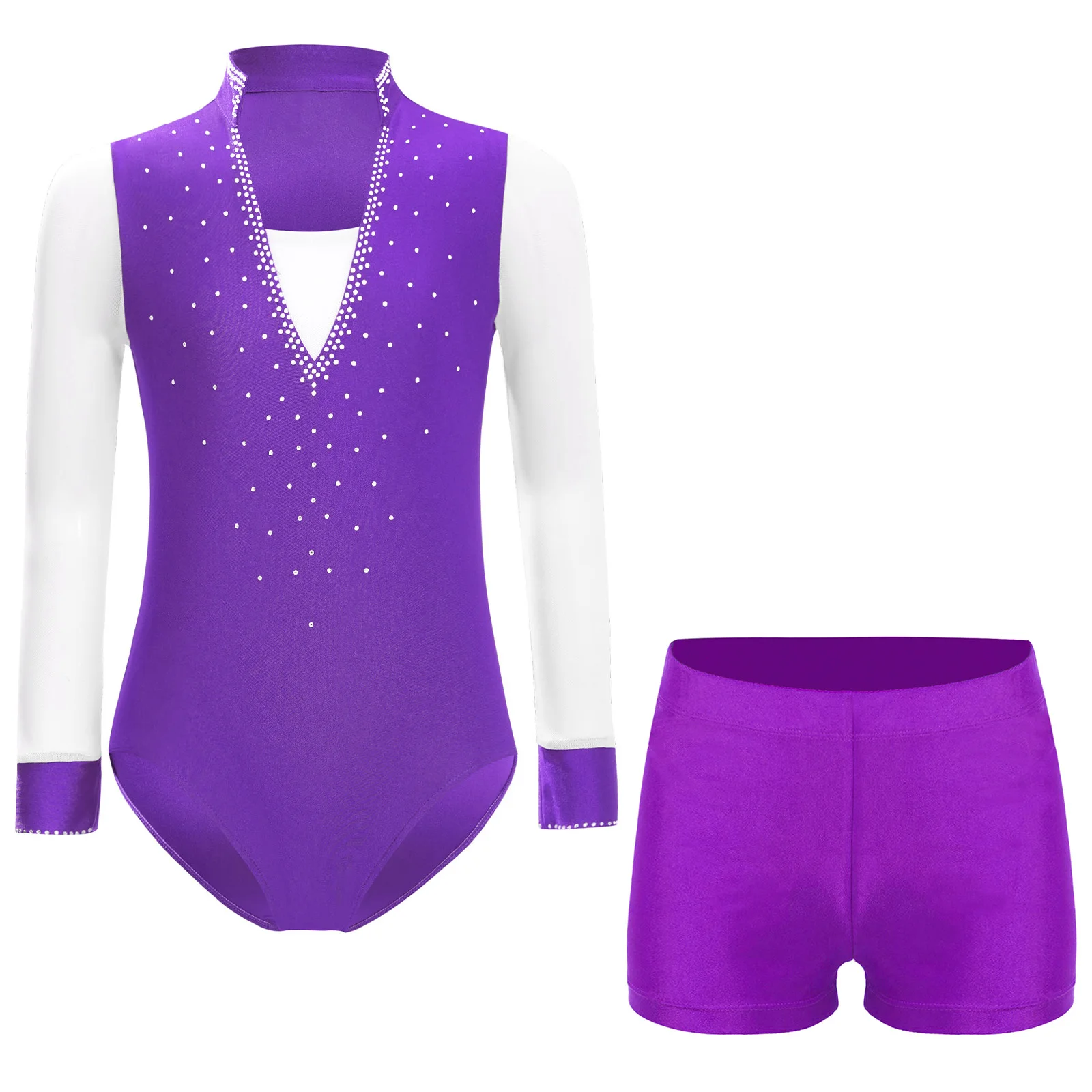 

2Pcs Kids Boys Latin Jazz Dance Leotard Figure Skating Dance Costumes Sheer Mesh Long Sleeve Shiny Rhinestones Bodysuit+Shorts