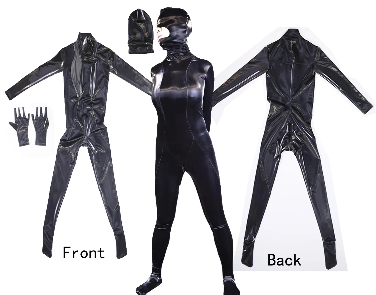 Women Zentai 3Pcs/Set Sexy Pantihose PU Latex Faux Leather Jumpsuit Zip Open Crotch Tights Bodysuit Artistic Chest Entrance Wear