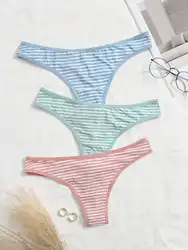 Women's Cute And Fresh 3-piece Multi-color Striped Underwear Thong Without Trace Antibacterial Daily Casual Underwear Thong C364