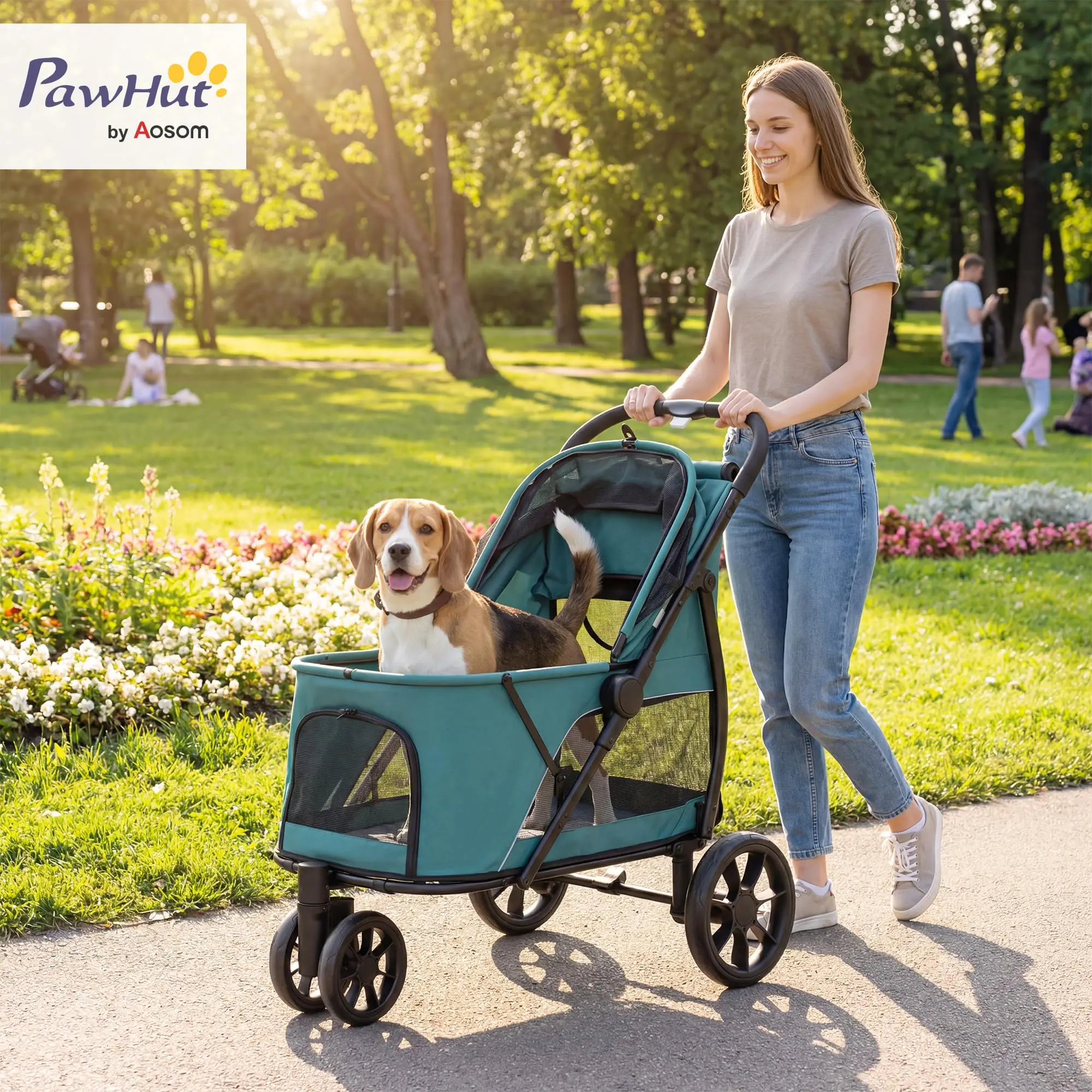 3 Wheel Pet Stroller for Medium Dogs Cats up to 44 lbs Dark Green