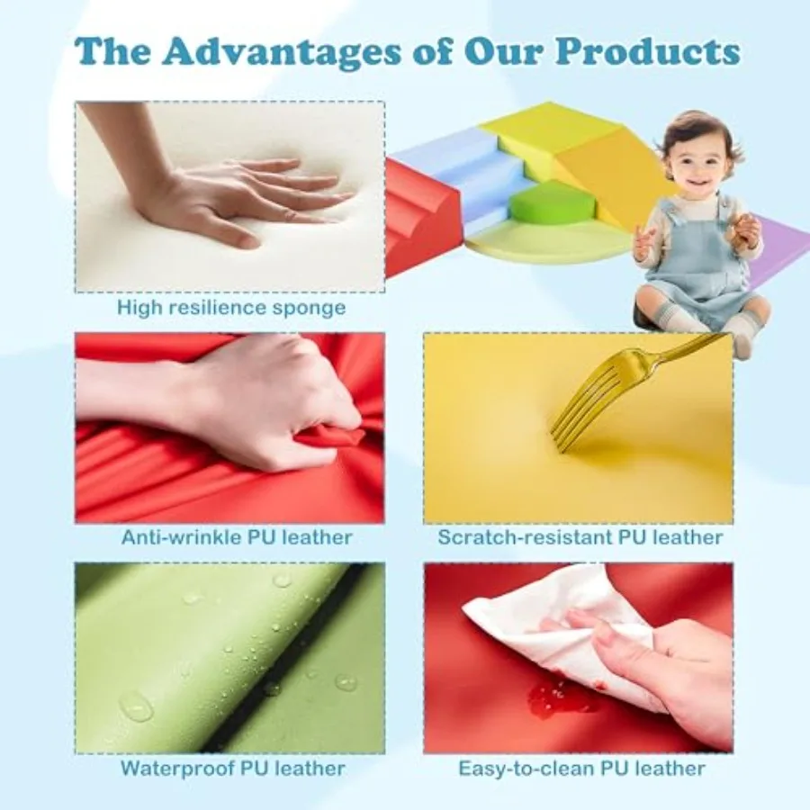 Blocos de Escalada de Espuma de 7 Peças para Bebês e Crianças de 1 a 5 Anos: Conjunto de Brinquedos para Brincar em Ambientes Internos com Couro PU Macio e Seguro para Engatinhar