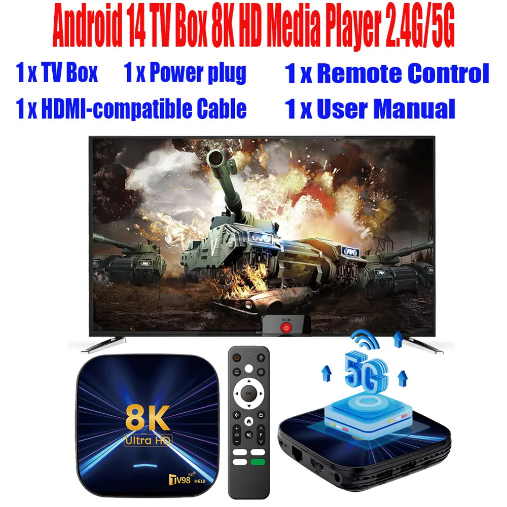 

Android 14 TV Box 8K HD Media Player 2.4G/5G Dual WiFi Smart Set Top Box Android Box 2G+16G/4G+32G/4G+64G