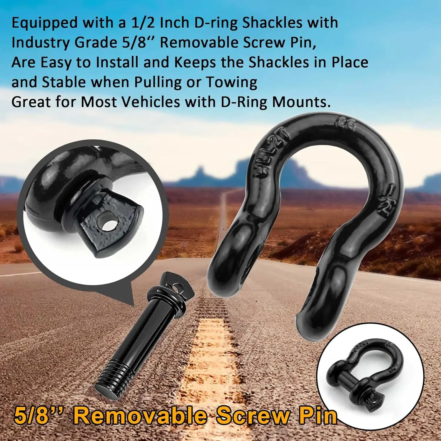 1/2" D Ring Shackle Bow Shackle with Screw Pin Clevis, 2 Ton for Tow Strap Hooks, Fits Jeeps ATVs Trucks Trailers (4 Pack) view 3