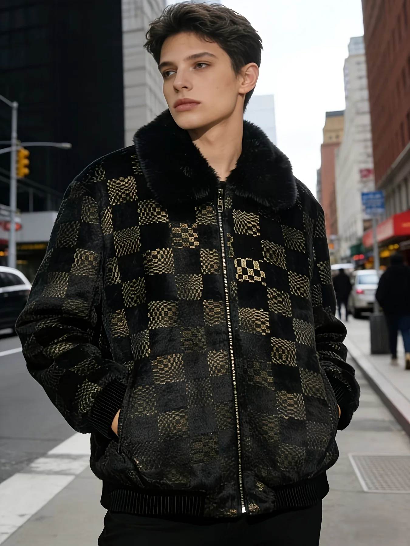 

Winter Men's Contrasting Color Lapel Imitation Mink Fur Jacket Warm Jacket