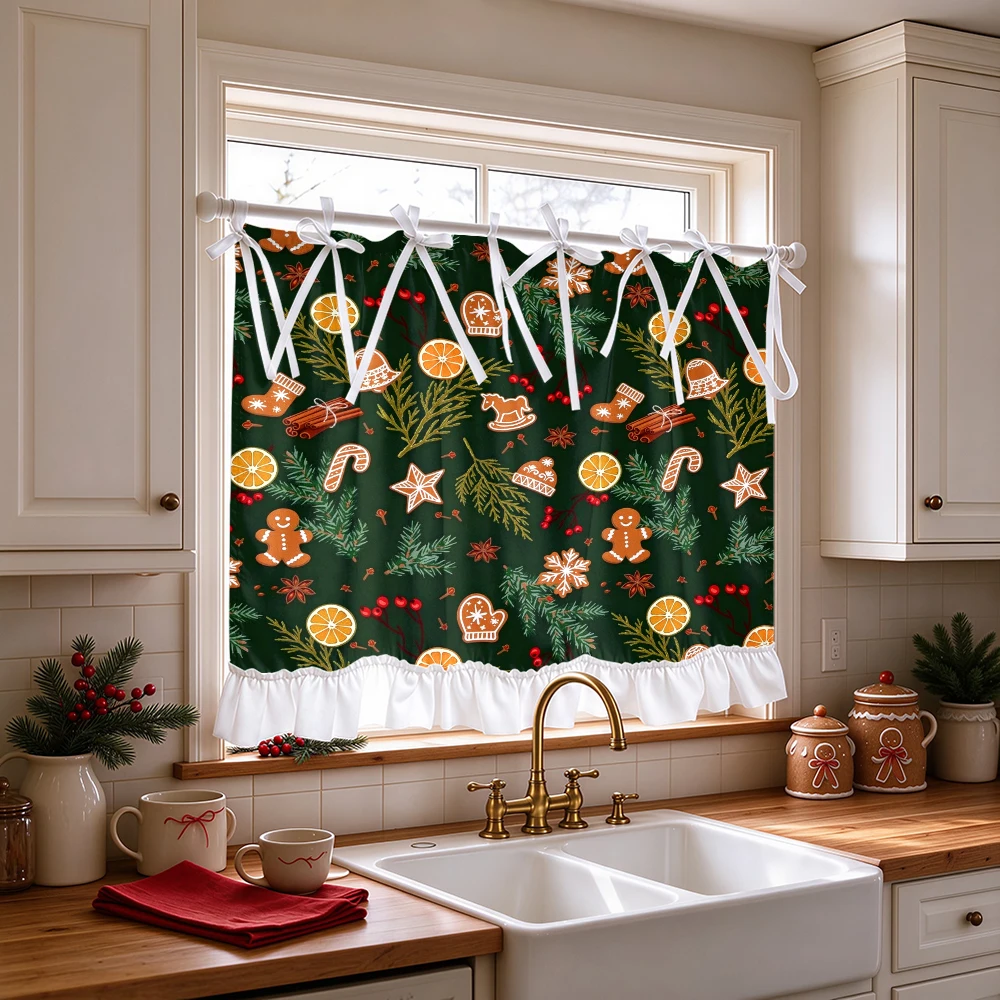 1PC lace up kitchen curtain, ruffled hem, 2D flat Gingerbread Star pattern, cabinet cover curtain, Christmas home decoration