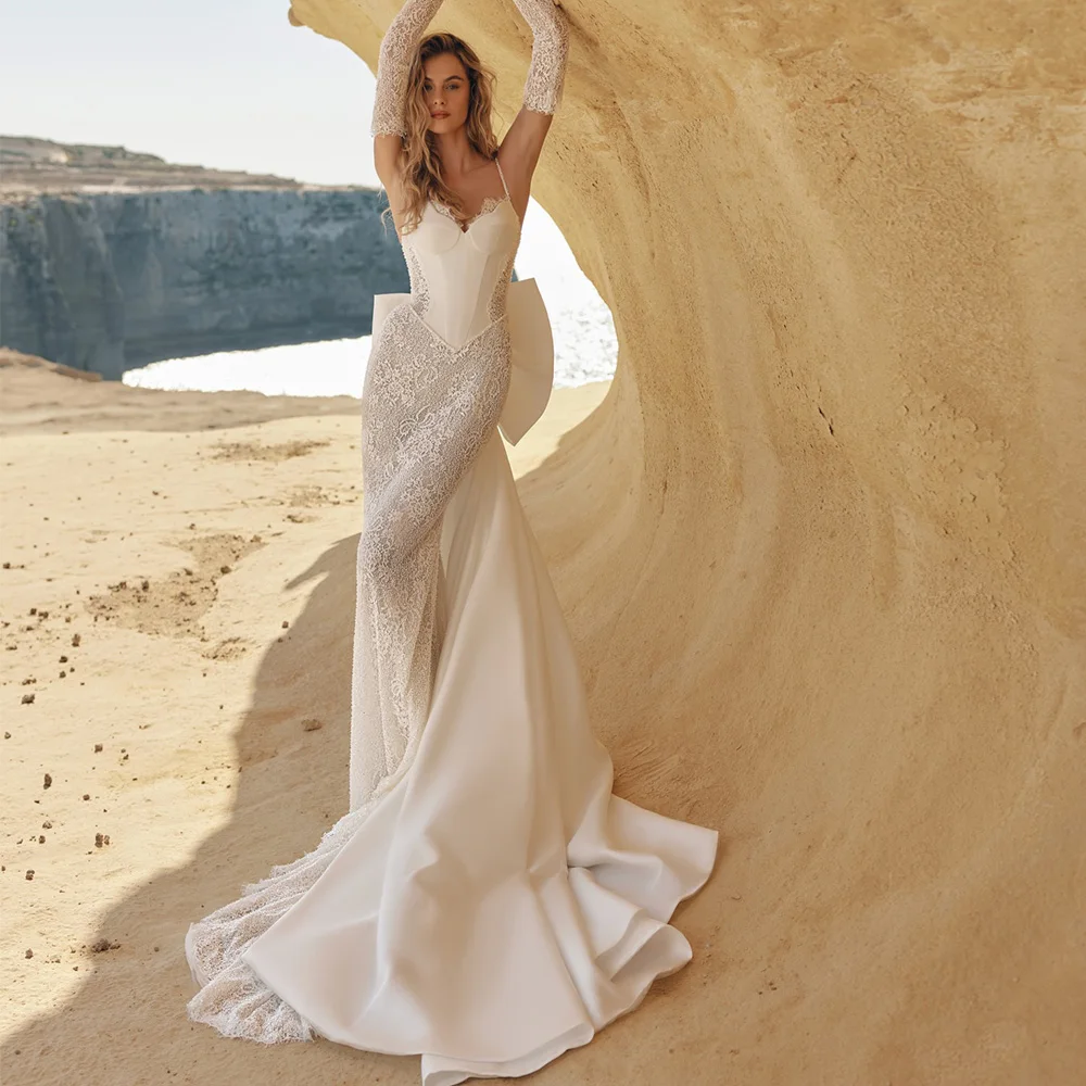 

Elegant Spaghetti Strap Sweetheart Bridal Gowns Exquisite Appliques Lace Customized Wedding Dress Fashion Mermaid Robe de mariée