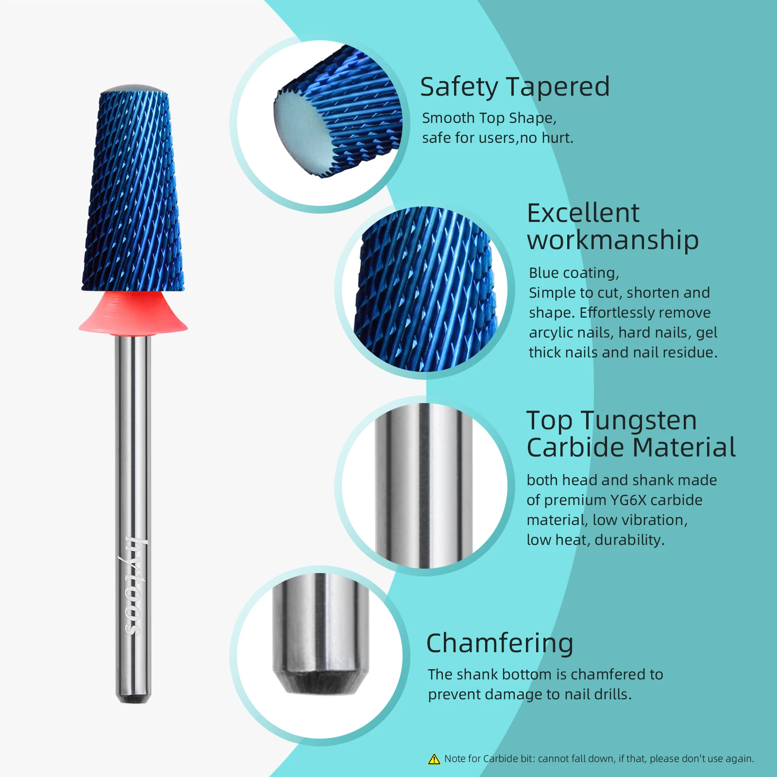 Hytoos-nano Safety Nissorsネイルドリルビット、カーバイドネイルビット、電気ファイル、アクリルジェルファイル、滑らかなトップバレル、ブルー、3/32