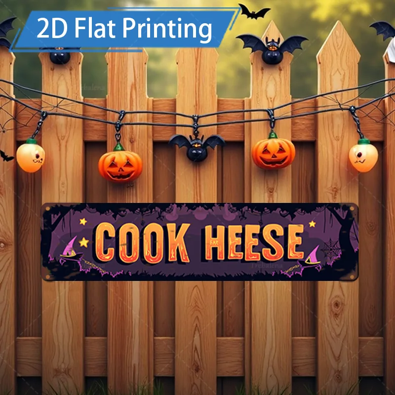 1pc 8x12inch Metal Sign Halloween "COOK HESE" Sign, 2D Flat Printing, Festive Pumpkin & Bat Decor
