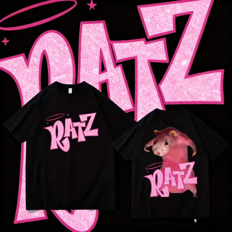 

2025 Summer Ratz Pink Mouse Cartoon Mens Tee-shirt Casual Kawaii 100% Pure Cotton Printed T-shirt Male Soft Shirts