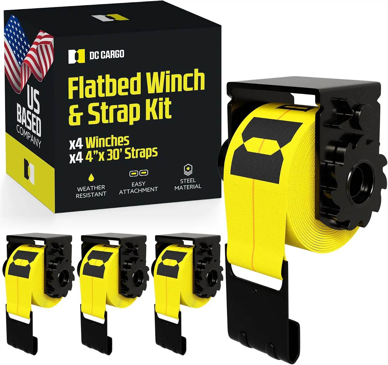DC Cargo Heavy Duty Flatbed Winch Kit for Trucks and Trailers - Includes (4) 4