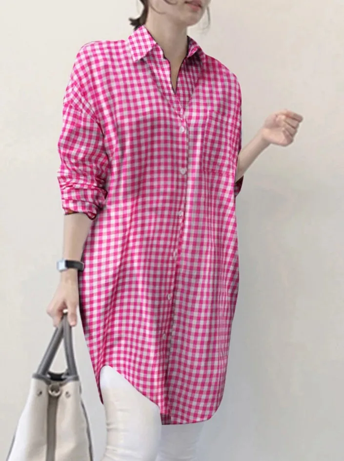 

Women's Plaid Lapel Long Sve Retro irt Cotton Street Sle Cheered Print Button up Loose Fit Midi Length Casual irt