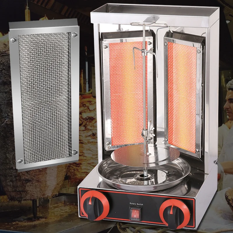 غاز البترول المسال شواية شوارما دونر كباب آلة التاكو المشواة 220 فولت الفولاذ المقاوم للصدأ العمودي شواء شاورما فرن الدجاج يبصقون المحمصة
