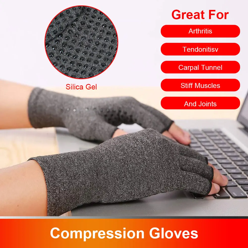 1 Pair Compression Arthritis Gloves Rehabilitation Semi-finger Gloves Hand Brace Nonslip Therapy Wristband for Joint Pain Relief