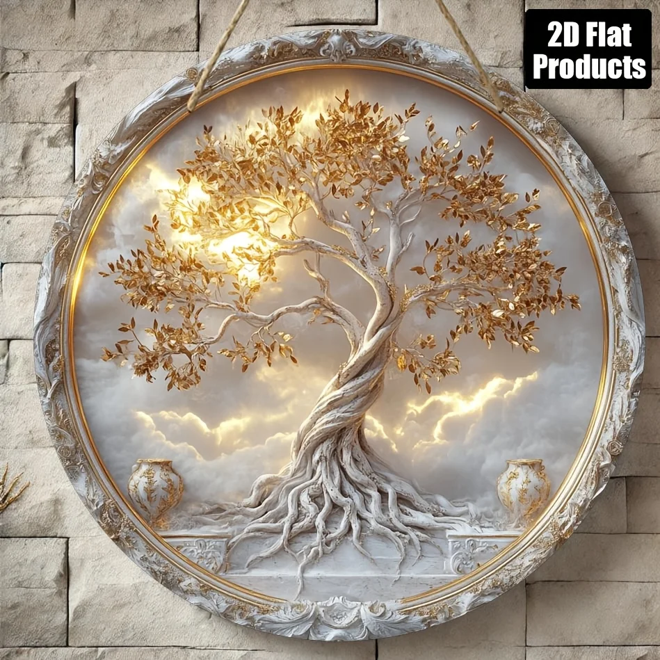 2D Flat - A Round Wooden Decorative Sign with a Tree of Life Theme, Designed for 2D Flat Printing, Non-Electric, Made of Wood, F