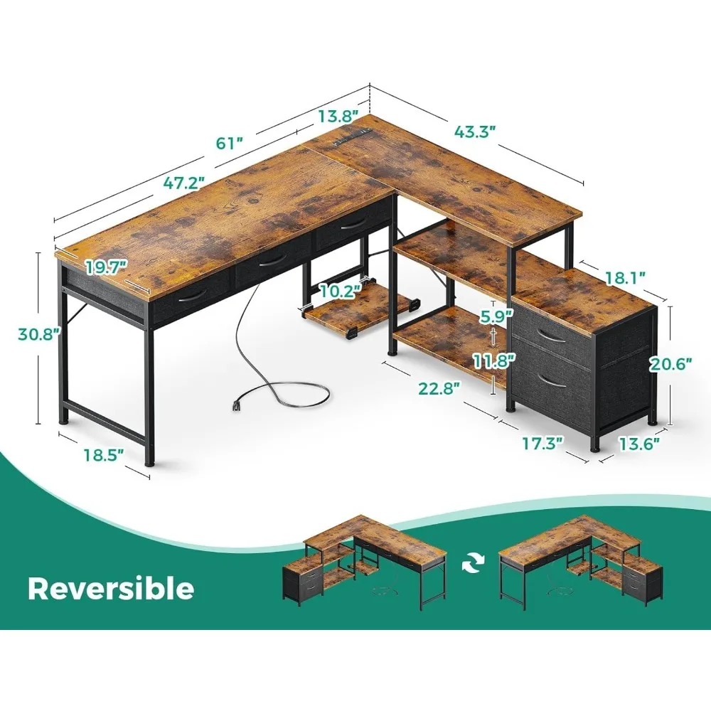 Bureau d'ordinateur en forme avec tissu, armoire à fichiers, poste de travail réversible, 61 ", prises de courant, égouts de proximité, bureau à domicile