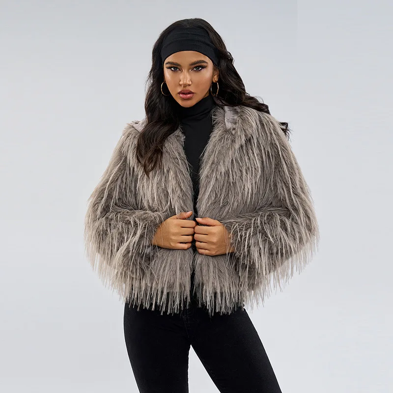 

2025 Retro Faux Fur Tops Thicken Warm Long Jackets Coats Fall Winter Fur Fluffy Long Sleeve Gray Color Jacket Outerwear