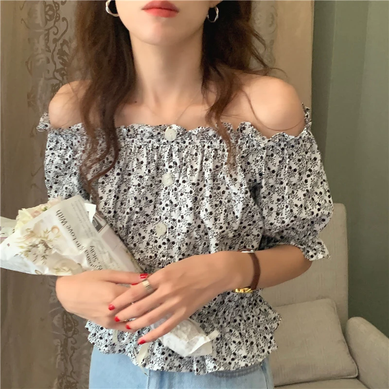 Chic Summer Ele Floral Print One-oulder ort irt Women's Design Sensation Bubble Sve Faionable Top Korean Sle...