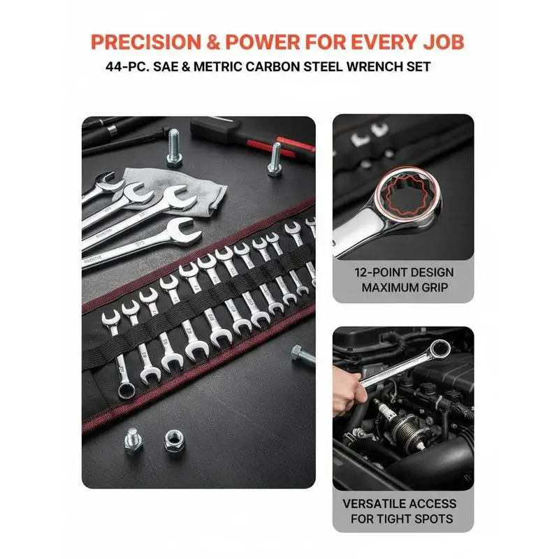 Combination Wrench Set, 44-Piece SAE and Metric, 12-Point Box End and 15° Angled Open End Combination Wrenches with Roll Up Pouch, Carbon Steel, for General Household and Automotive Repairs