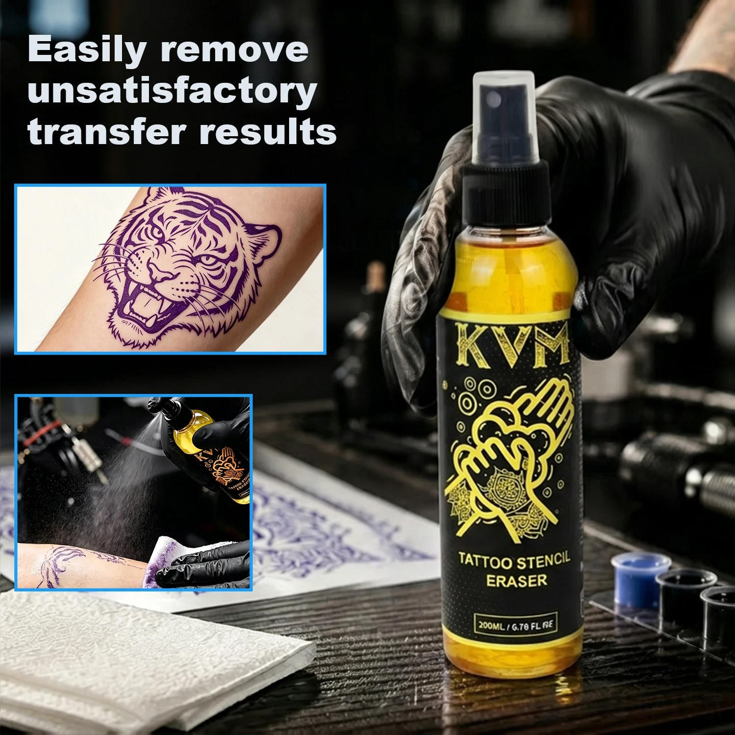 KVM Tattoo Stencil Eraser Spray 200ml Fast Clean Transfer Pattern Remover Liquid 5 Colors Optional Tattoo Accessories