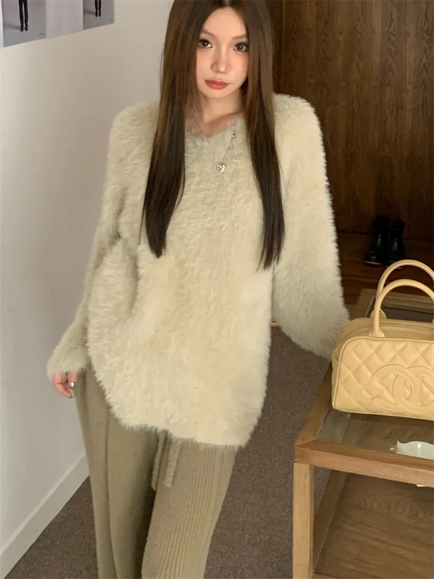 Plamtee Khaki Frauen lose Pullover schicke weiche lässige feste gestrickte sanfte Quaste Flare Hosen Büro Dame elegante Winter ol